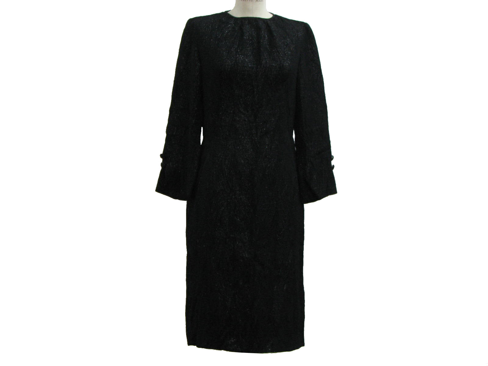 silver polyester blend below knee length, long sleeve cocktail dress ...