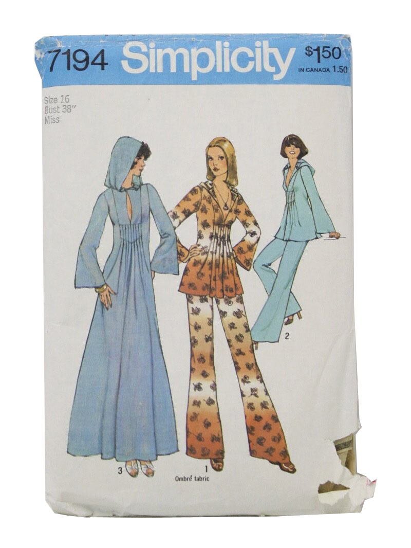 Vintage 1970s Sewing Pattern 70s Simplicity Pattern No 7194 Womens Hooded Caftan Or Top And 
