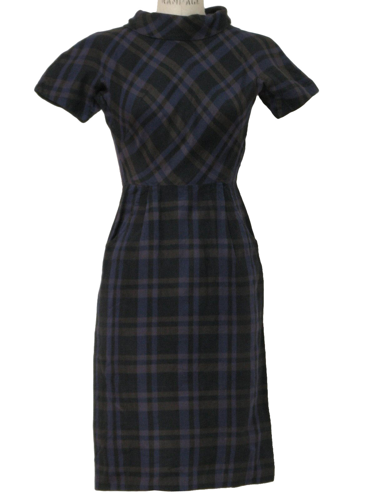 Vintage Due Brett Fifties Dress: 50s -Due Brett- Womens black, rusty brown and violet window