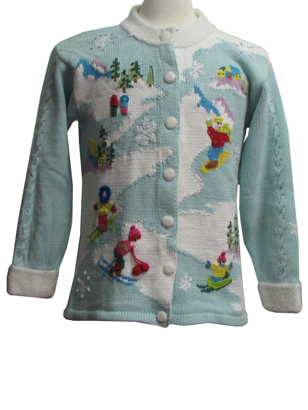 Womens Ugly Christmas Sweater : -Storybook Knits- Womens baby blue and white background cotton