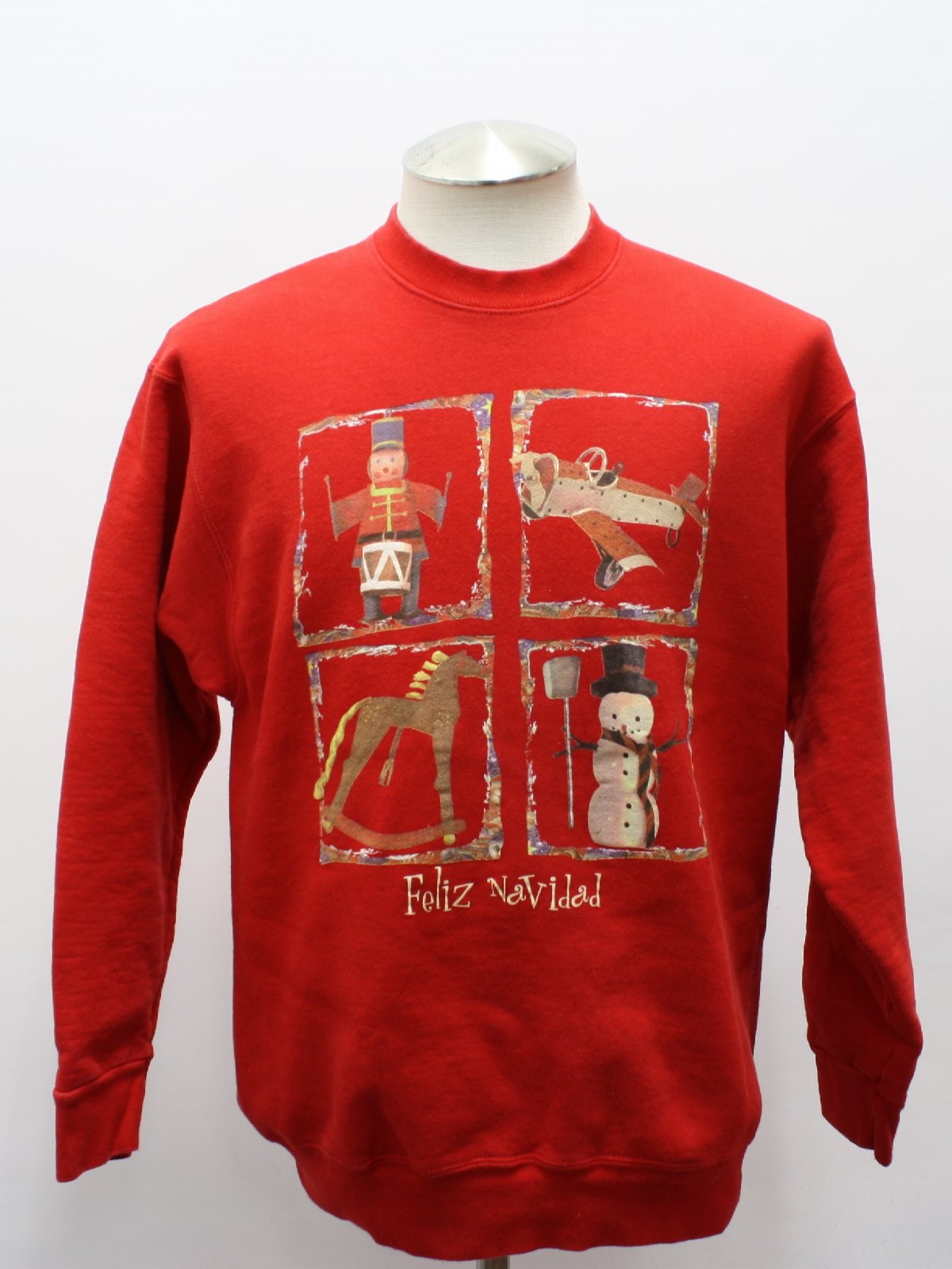 Mens Ugly Christmas Sweatshirt: -Care Label- Mens red, shaded tan, off white, black and brown