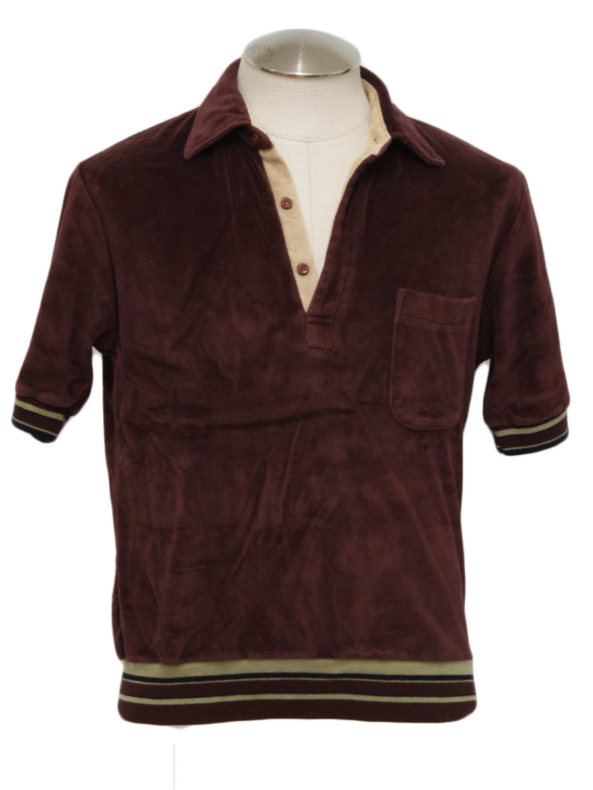1970's Vintage Velour Shirt: 70s -no label- Mens dark dusty plum, beige