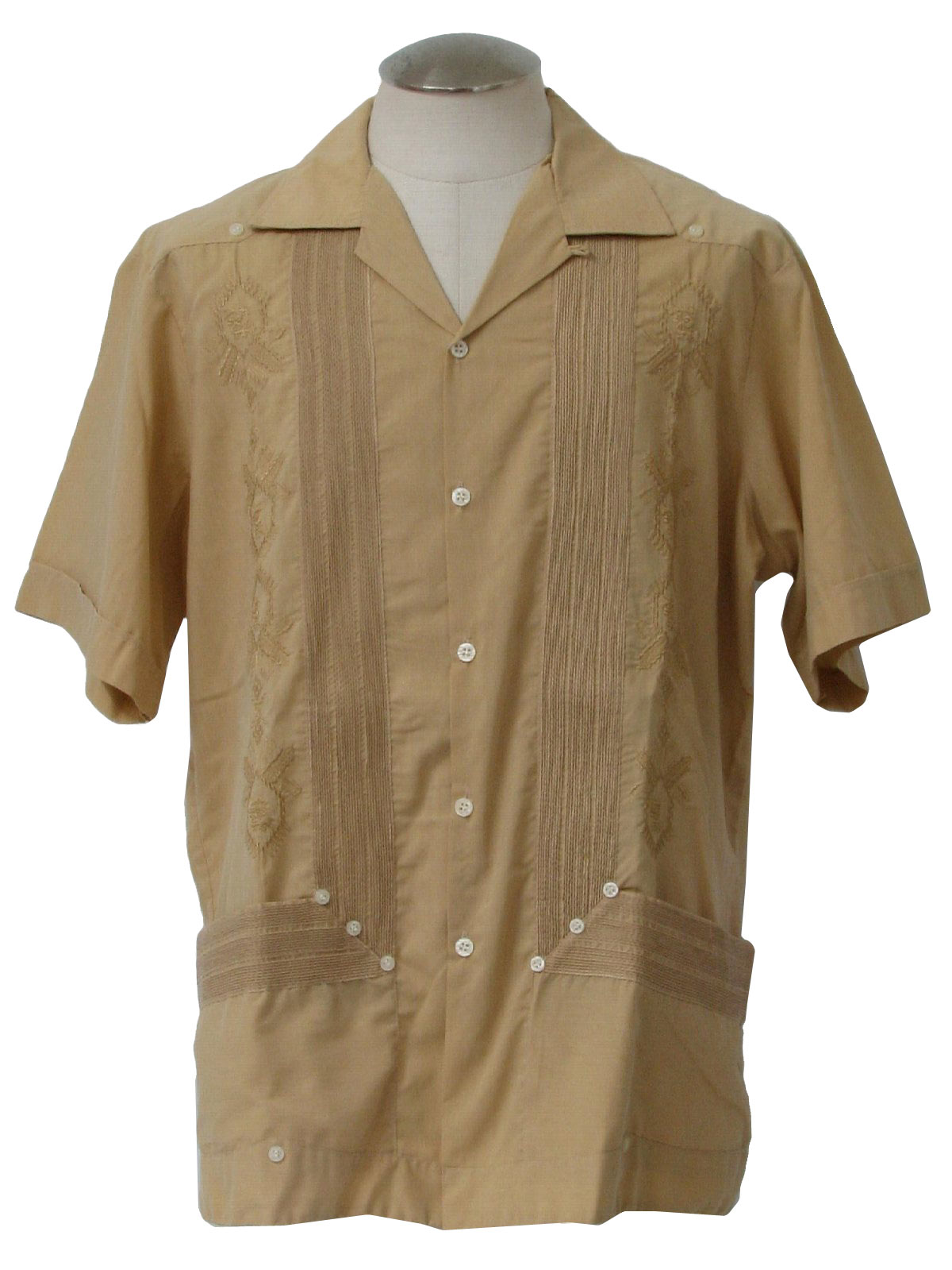 S Retro Guayabera Shirt S Guaya Teca Mens Tan Polyester Cotton