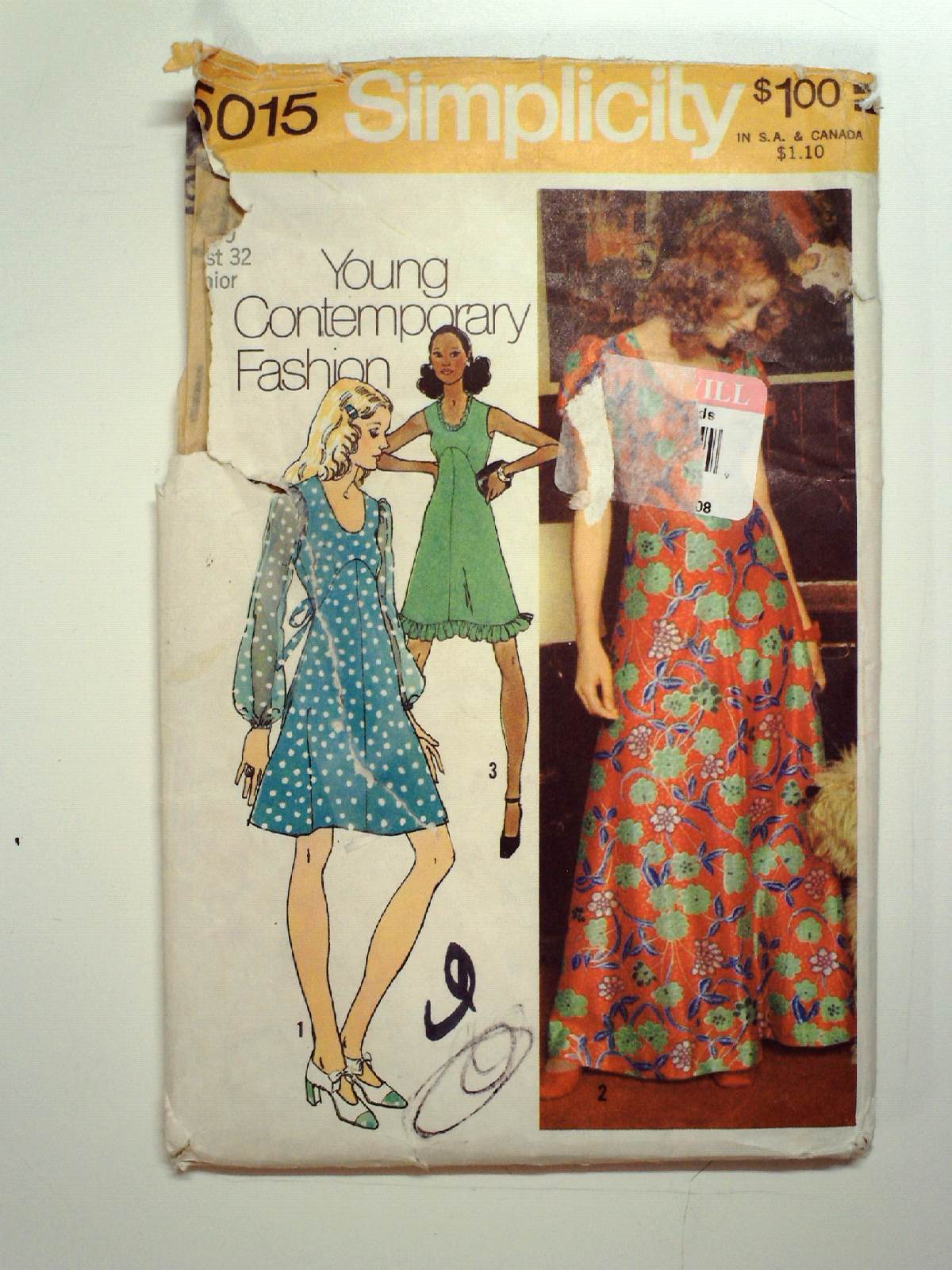 Simplicity Pattern No. 5015 1970s Vintage Sewing Pattern 70s