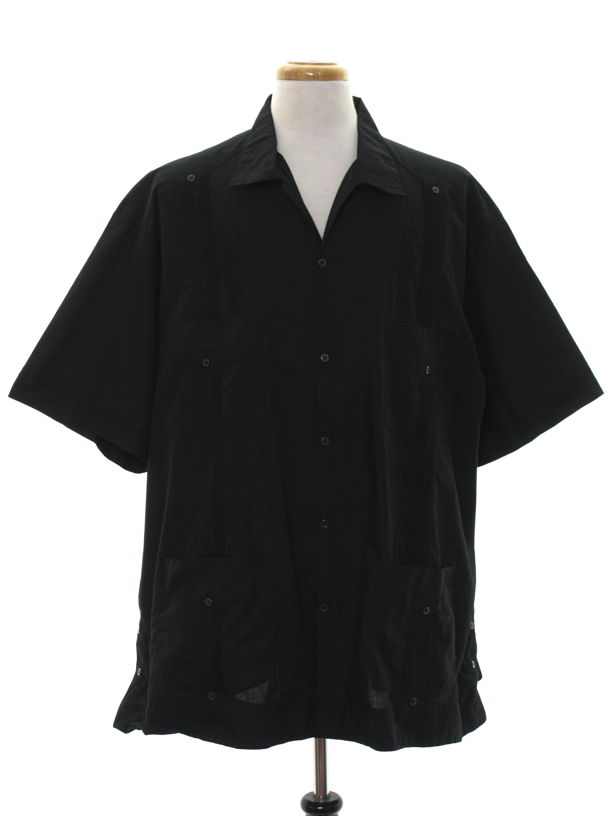 S Retro Guayabera Shirt Late S Yucatan Mens Black Polyester