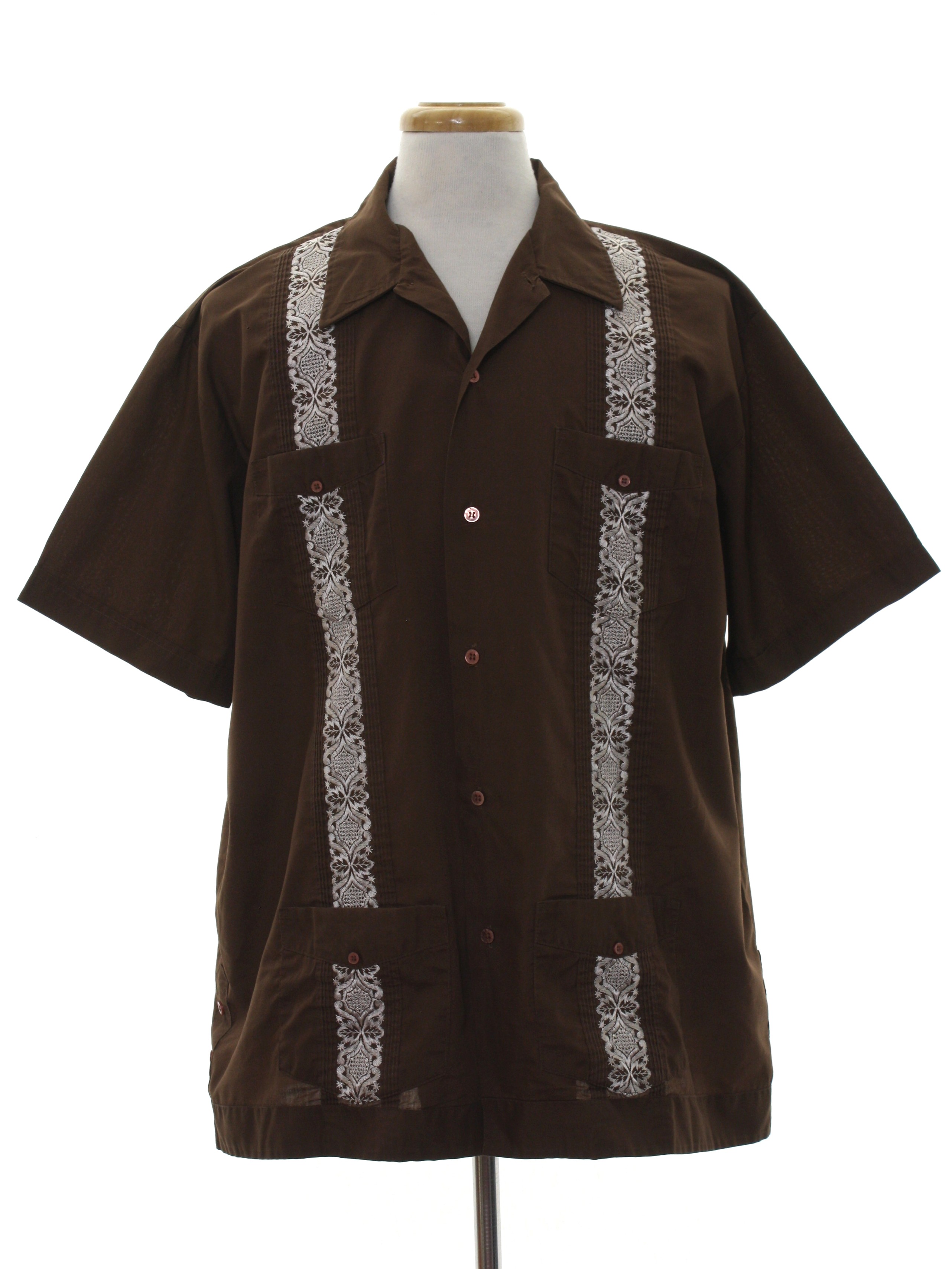 80 S Vintage Guayabera Shirt 80s Corzini Mens Chocolate Brown