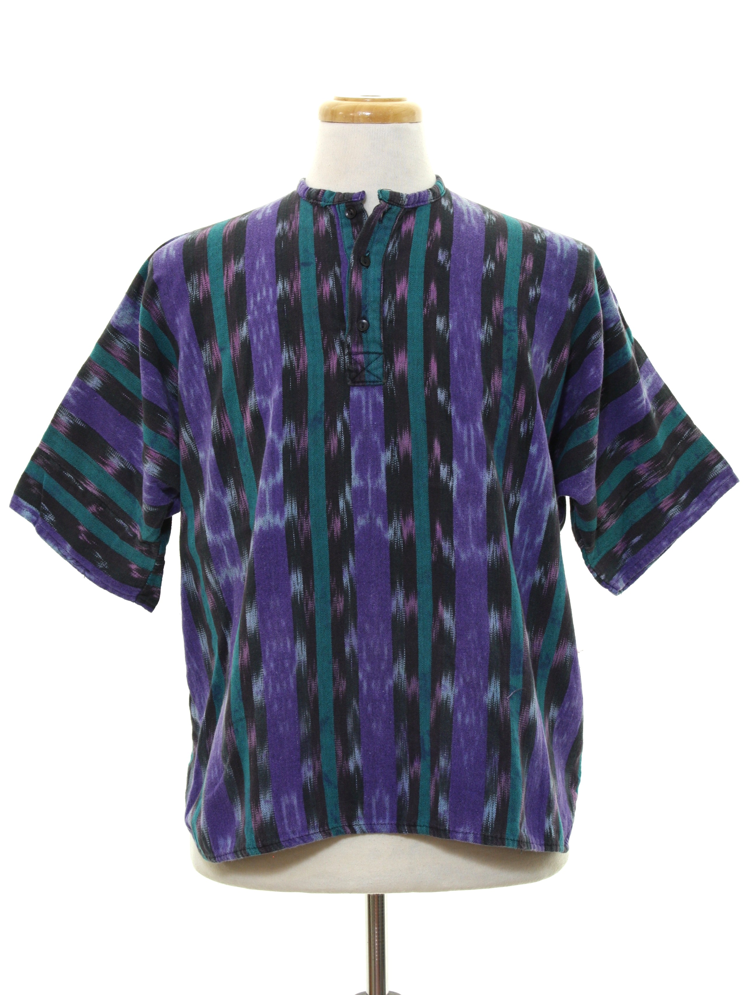 1980s Hippie Shirt 80s No Label Mens Black Purple Teal Pink And