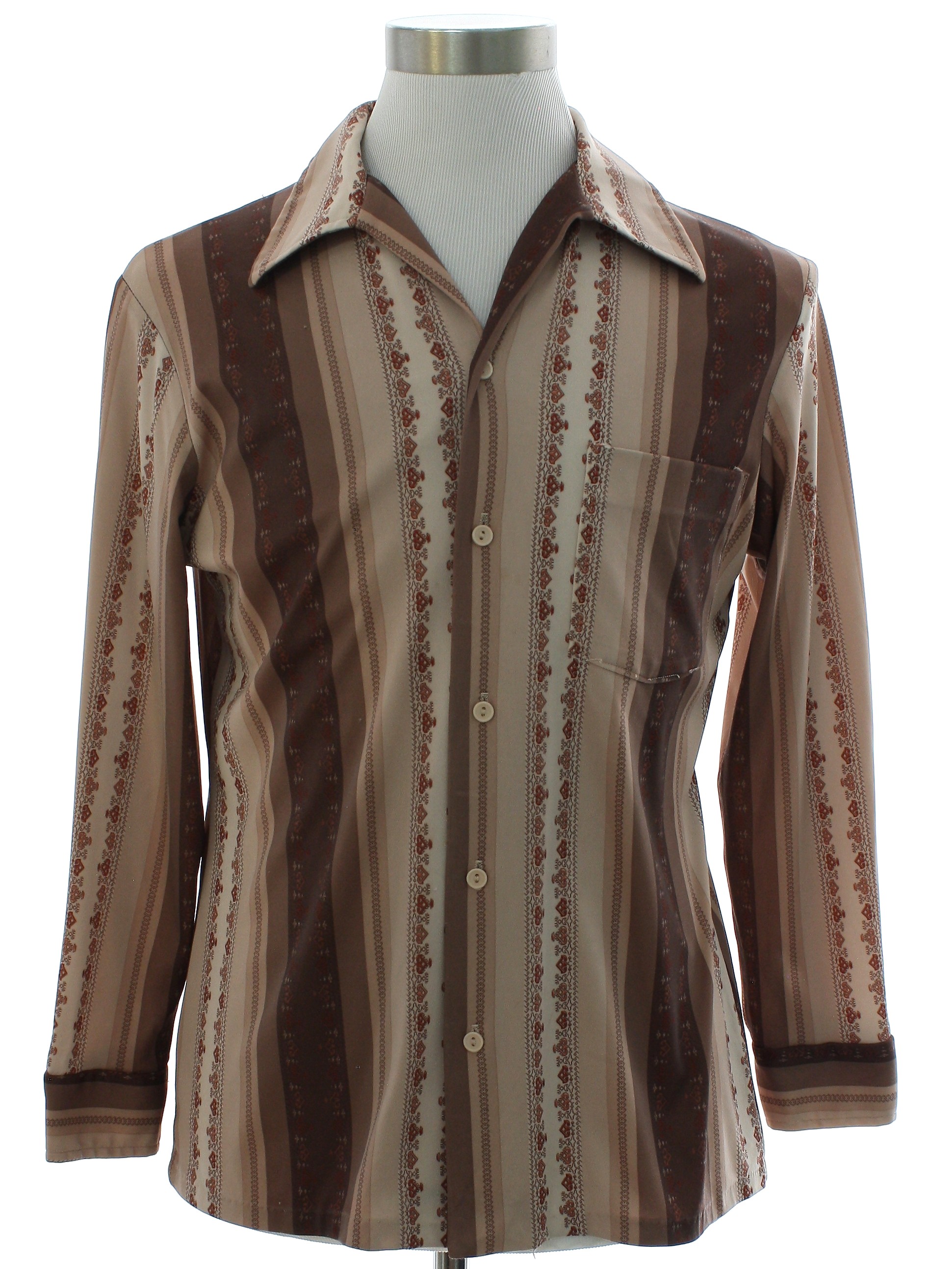 S Retro Print Disco Shirt S Missing Label Mens Shades Of Brown