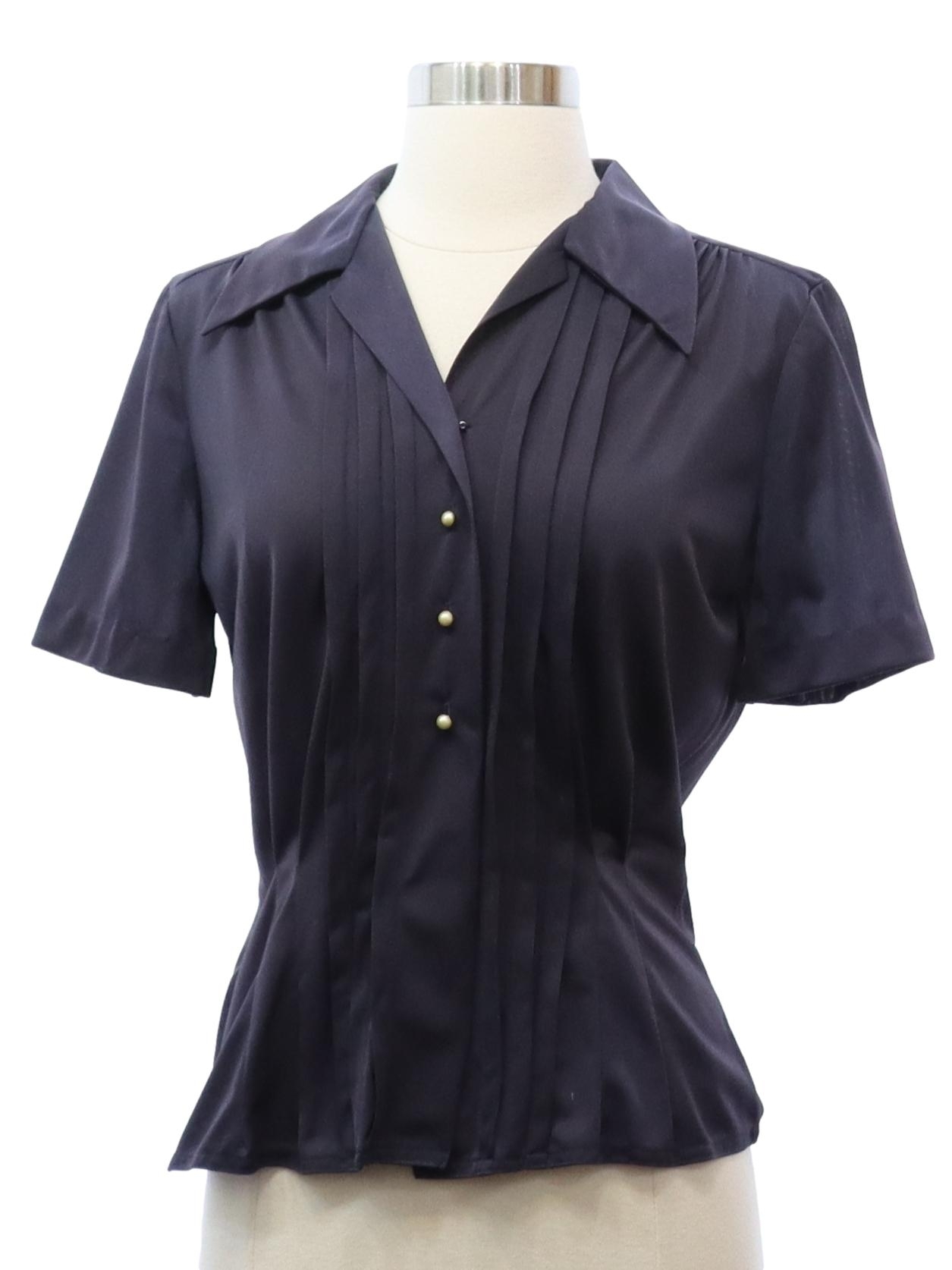 No Label 1960s Vintage Shirt 60s No Label Womens Charcoal Plum Nylon