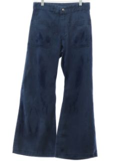 1970's Unisex Seafarer Grunge Marble Fade Seafarer Navy Denim Bellbottoms Jeans Pants