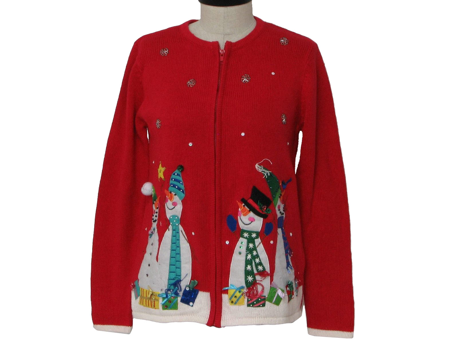 Womens Ugly Christmas Sweater Dress Barn Womens red white blue green turquoise yellow orange and pink cotton blend longsleeve zipping cardigan with snowmen in colorful hats and scarves