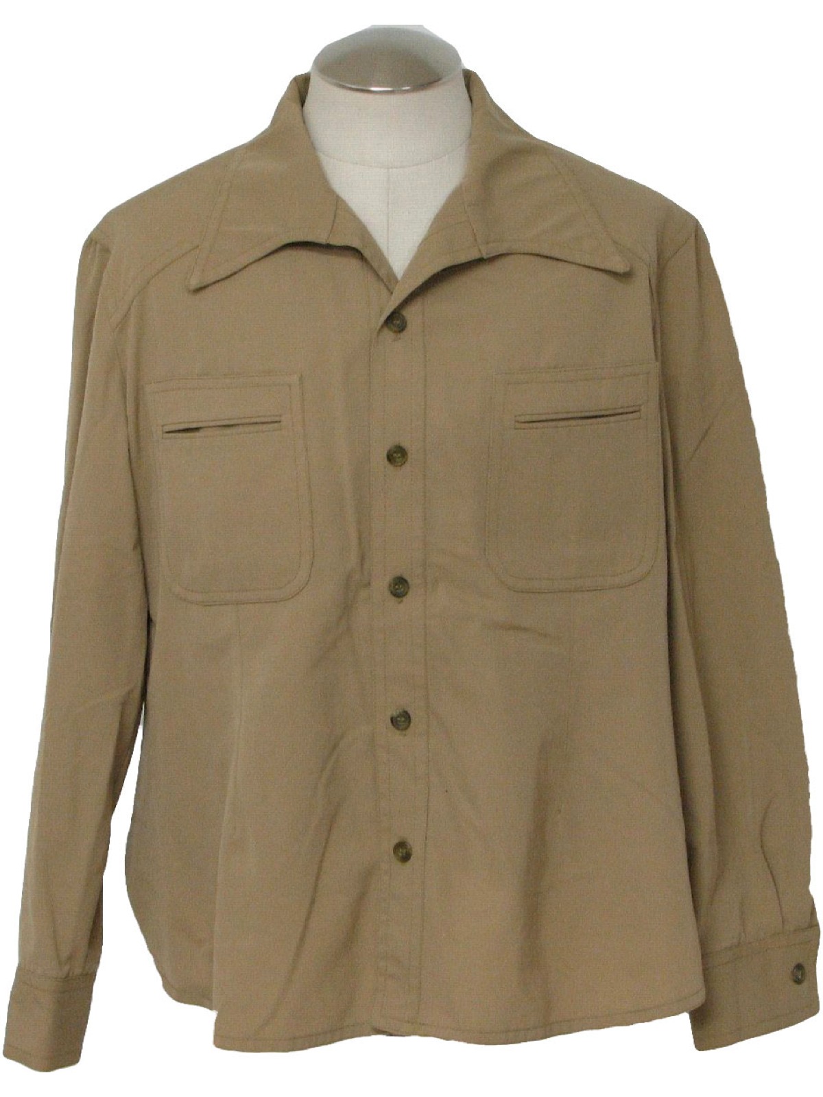 1970's Retro Shirt: 70s -no label- Mens khaki rayon blend long sleeve ...