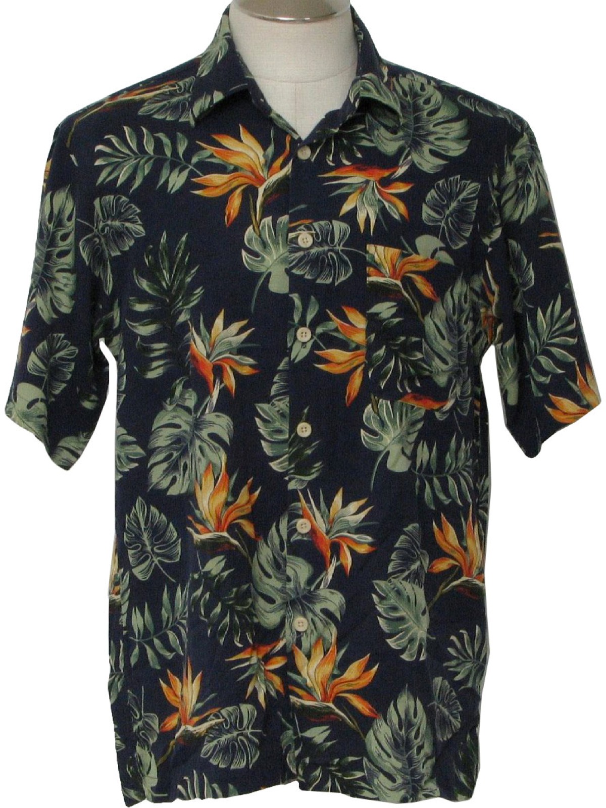 Retro 90's Hawaiian Shirt: 90s -Izod- Mens navy blue, orange, gold ...