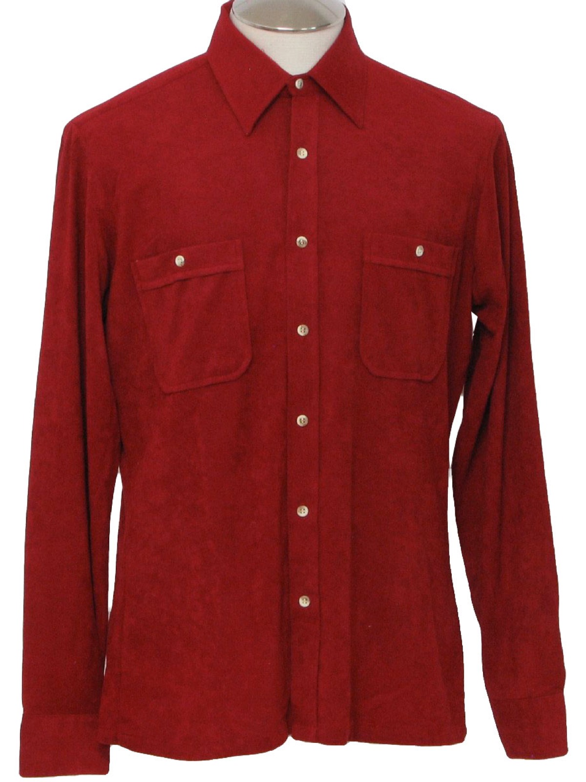 solid red button down shirt with blue buttons