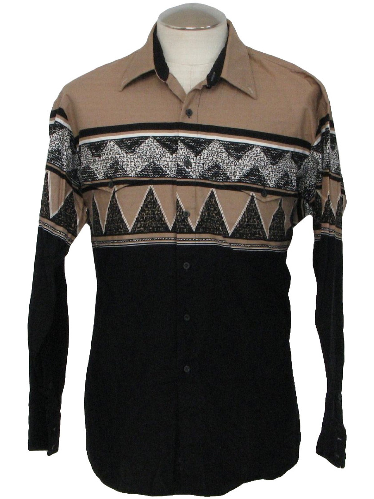 Nineties Roper Western Shirt: 90s -roper- Mens Black, Taupe And White 