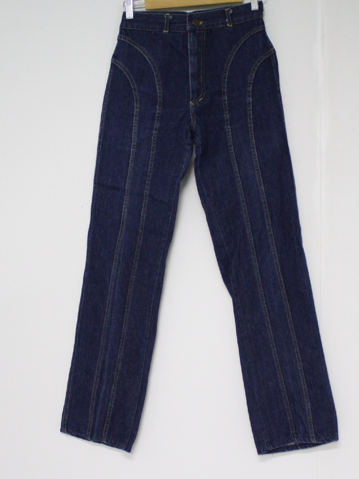 Fredericks of Hollywood Eighties Vintage Pants: 80s -Fredericks of Hollywood-  Womens dark blue cotton denim with dark gold topstitching, totally 80s  straight leg designer jeans pants with double back pointed yoke and