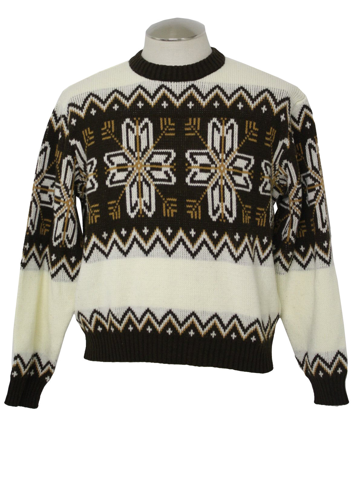1970's Retro Sweater: 70s -Cascade- Mens white, and browns acrylic long ...