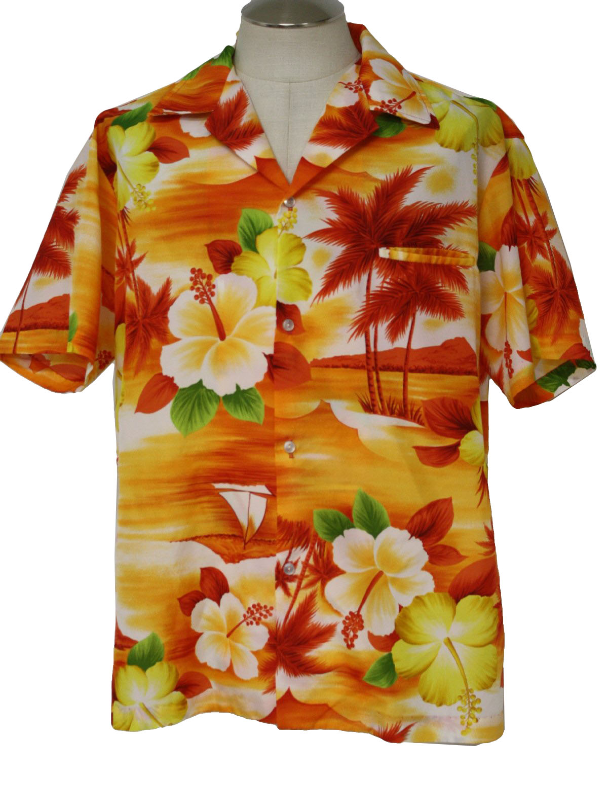 1980's Retro Hawaiian Shirt: 80s -Kai Nani- Mens oranges, yellow and ...