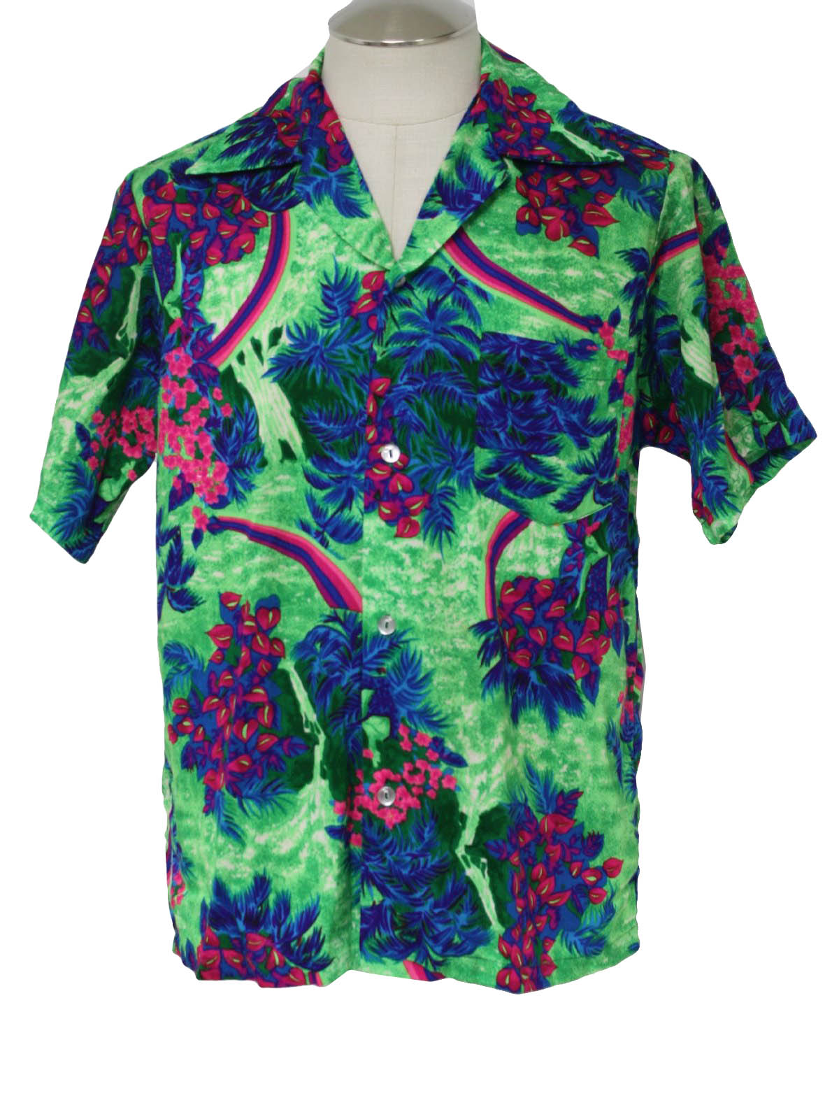 Retro 70's Hawaiian Shirt: 70s -Pomare Tahiti- Mens bright green, pink ...