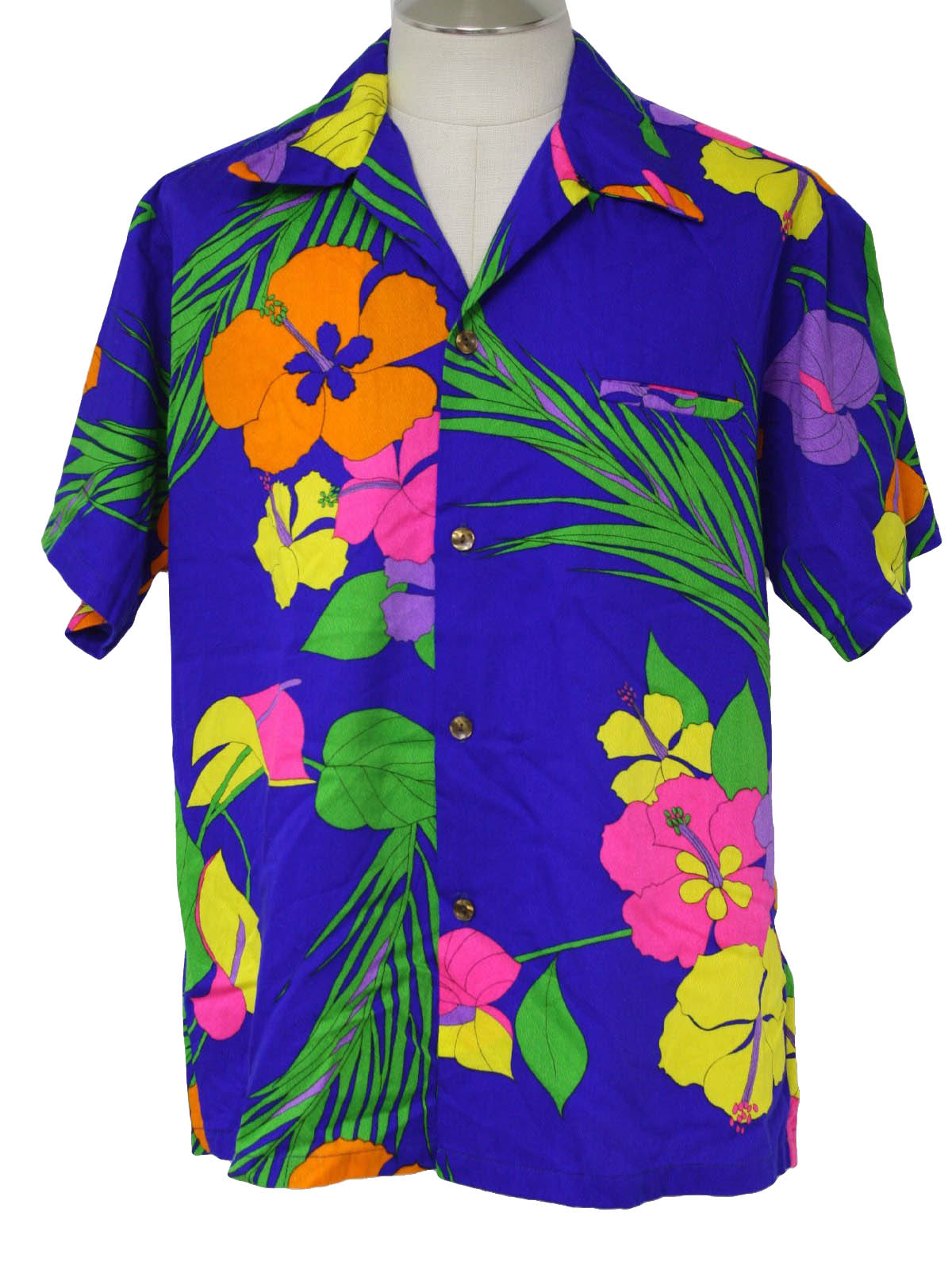 1970's Retro Hawaiian Shirt: 70s -Walta Clarkes- Mens blue, green, pink ...