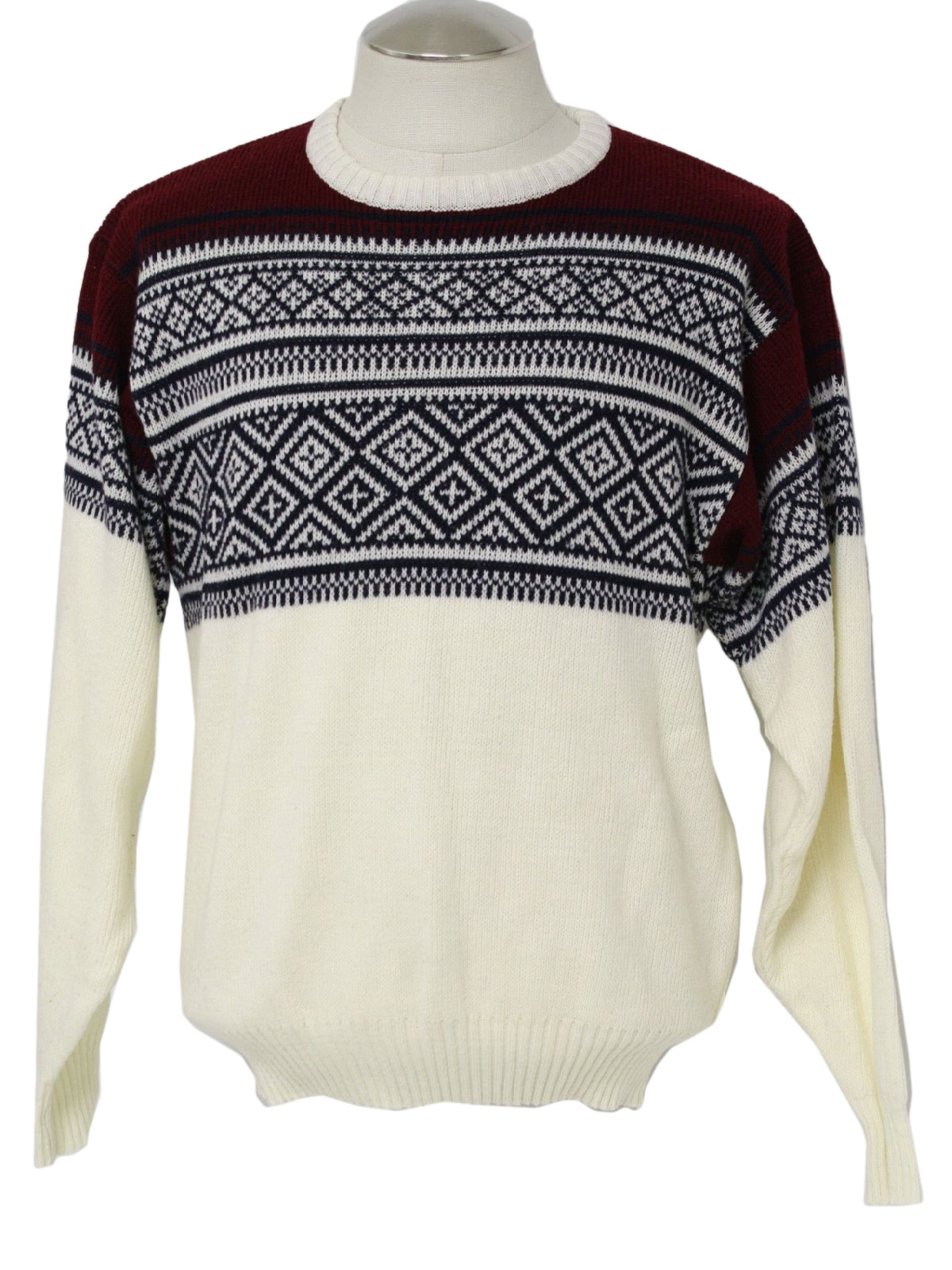 1980s Vintage Sweater: 80s -Mervyns- Mens white, maroon and navy blue ...