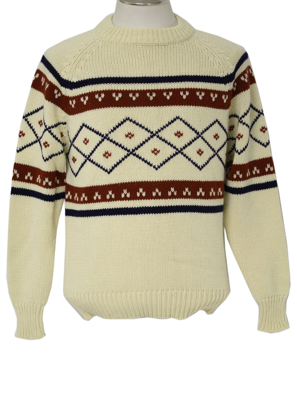Vintage 1980's Sweater: 80s -No Label- Mens ivory, navy, and brown ...