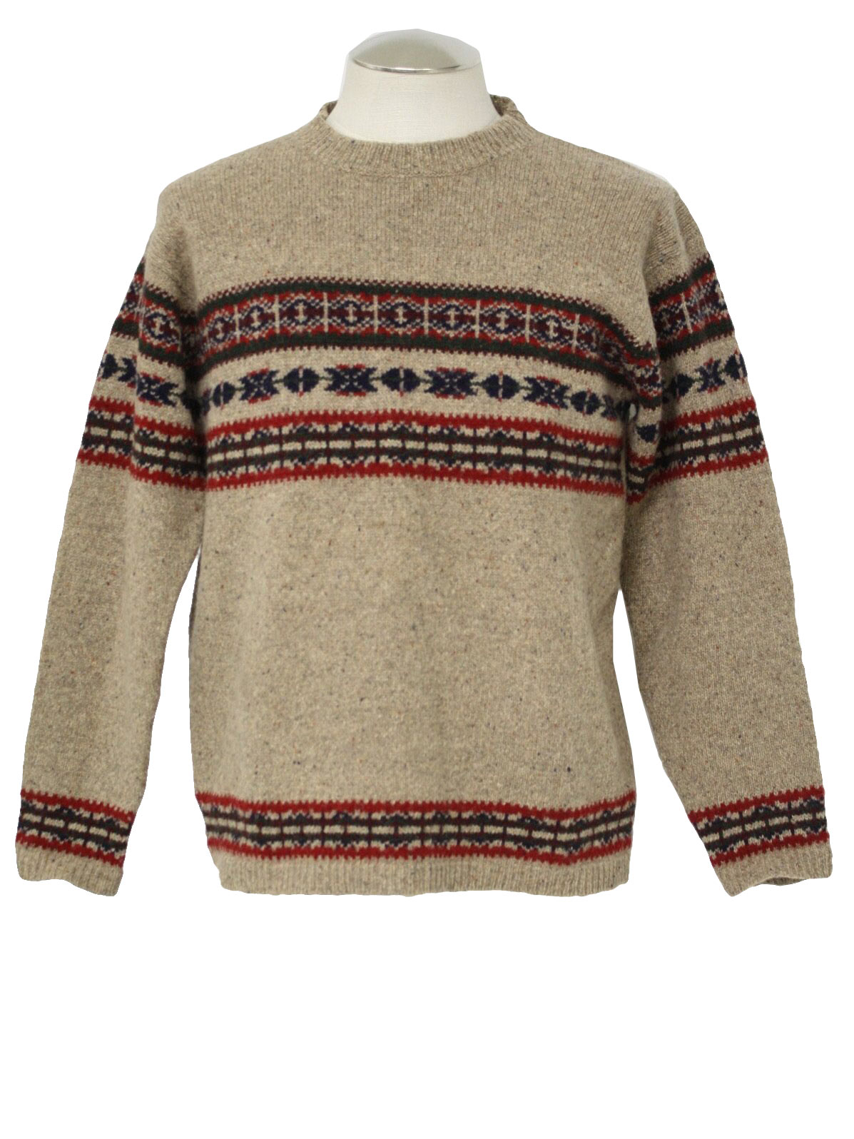 Retro 1980s Sweater: 80s -BKLE- Mens brown, red, green, and navy wool ...