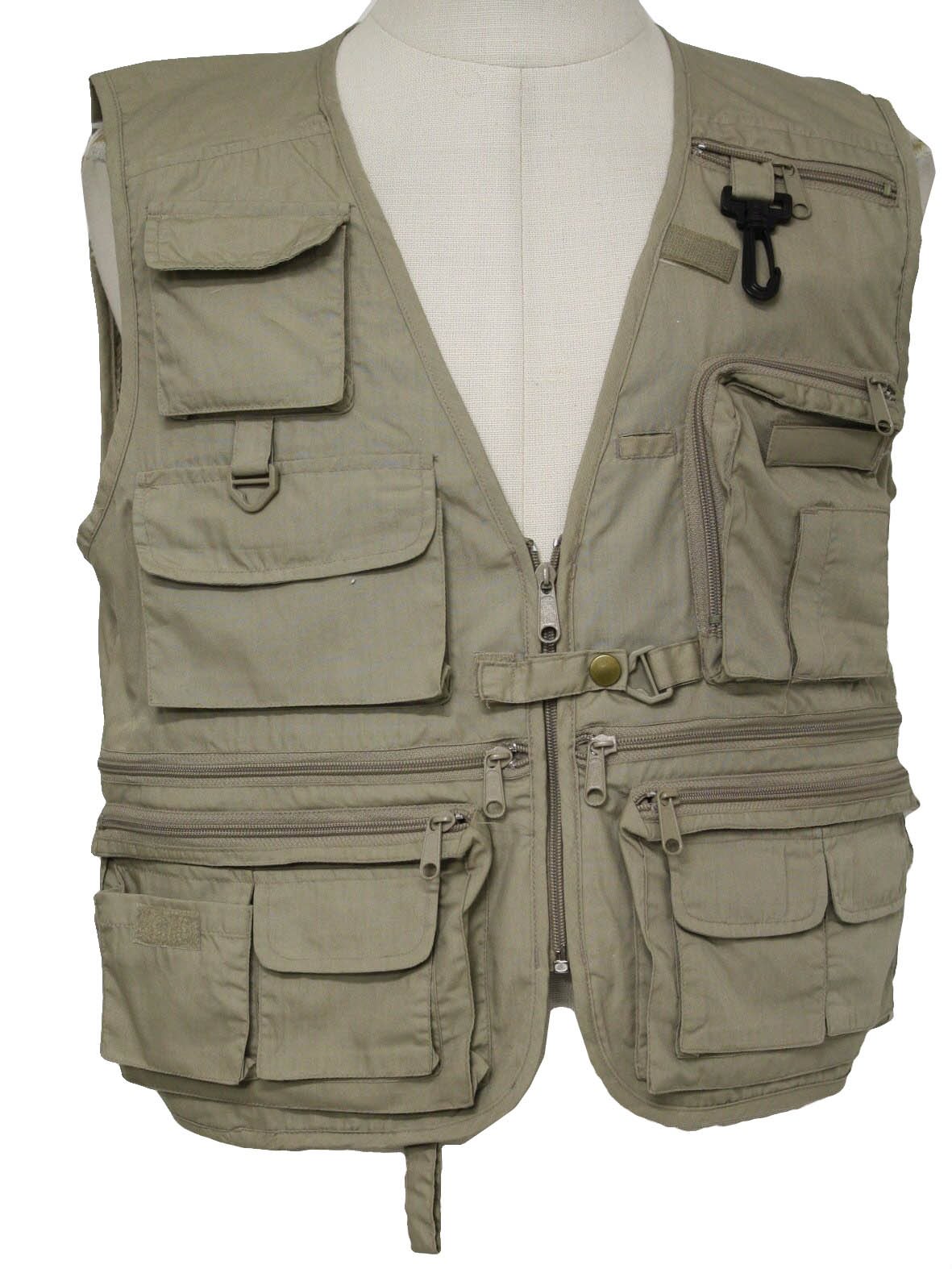 1990's Vest (Field and Stream): 90s -Field and Stream- Mens tan cotton  polyester poplin fishing vest with front zipper, many ultility pockets with  flaps, velcro closures, or zippers, and large back zippered