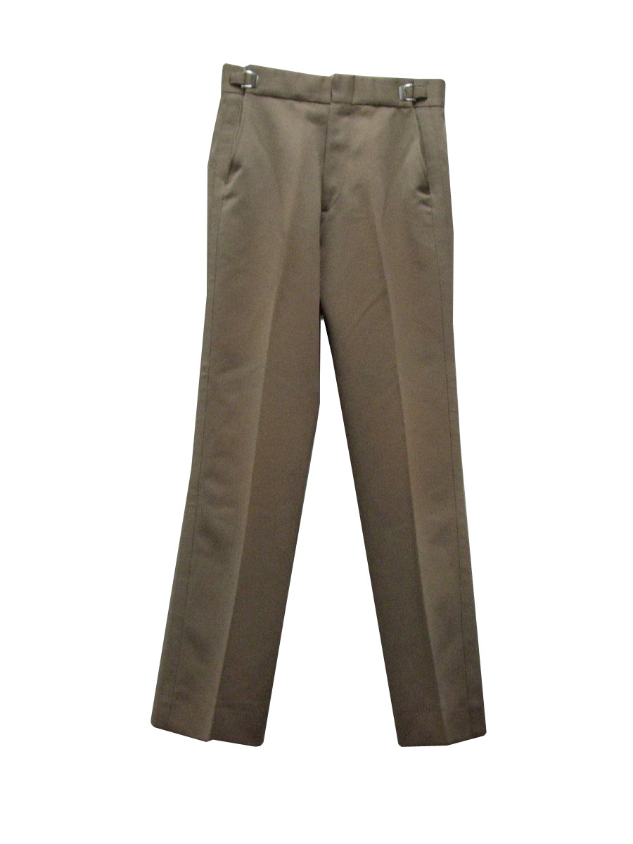 70's Vintage Pants: 70s -Masters- Mens light brown textured polyester  flared adjustable waist tuxedo pants with light brown textured polyester  striping down legs, hook/tab closure with zippered fly, and two rear inset