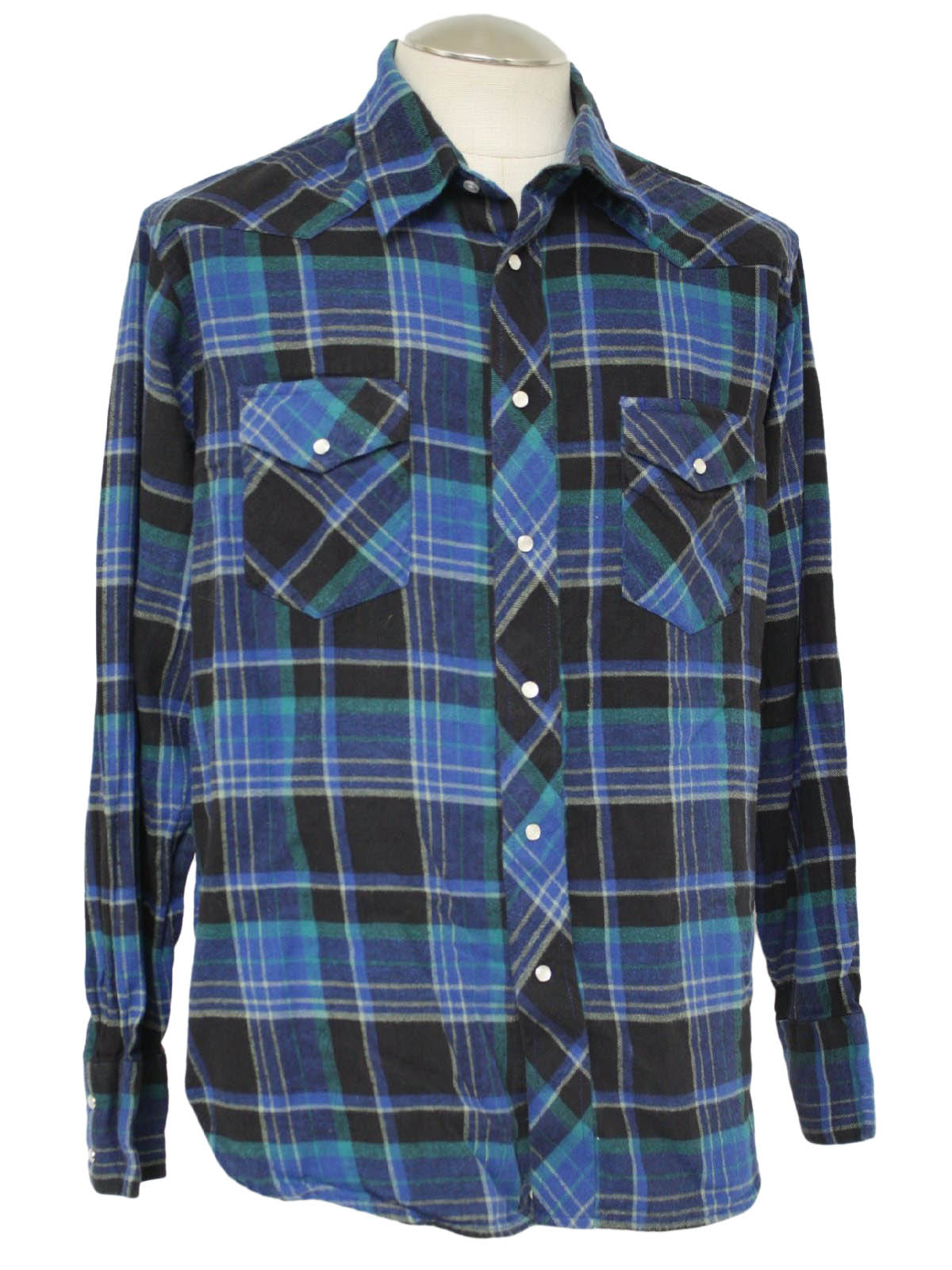 1980's Retro Western Shirt: 80s -Wrangler- Mens green, blue, black and ...