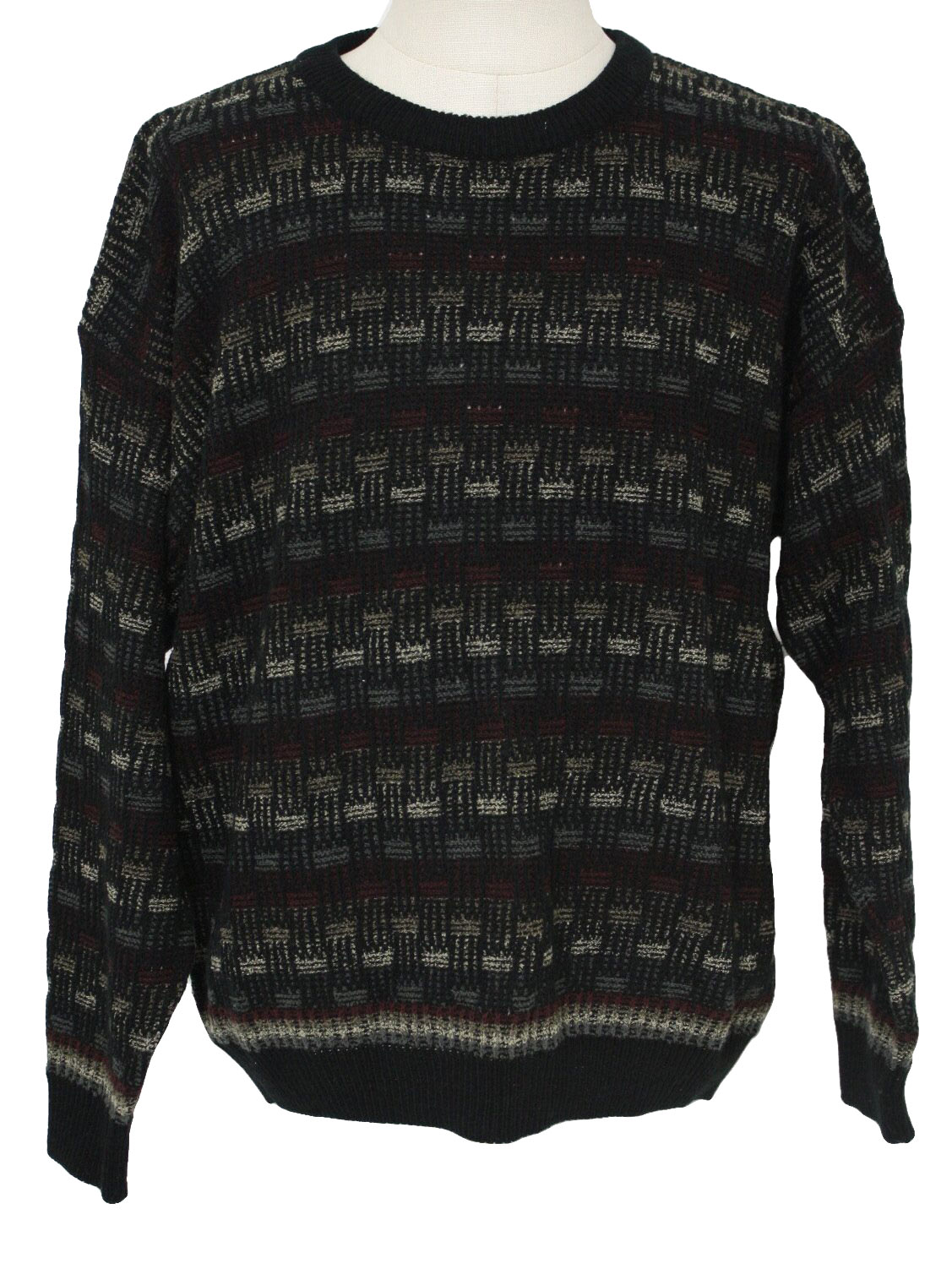 Vintage 1980's Sweater: 80s -Jantzen- Mens black, red, tan and grey ...