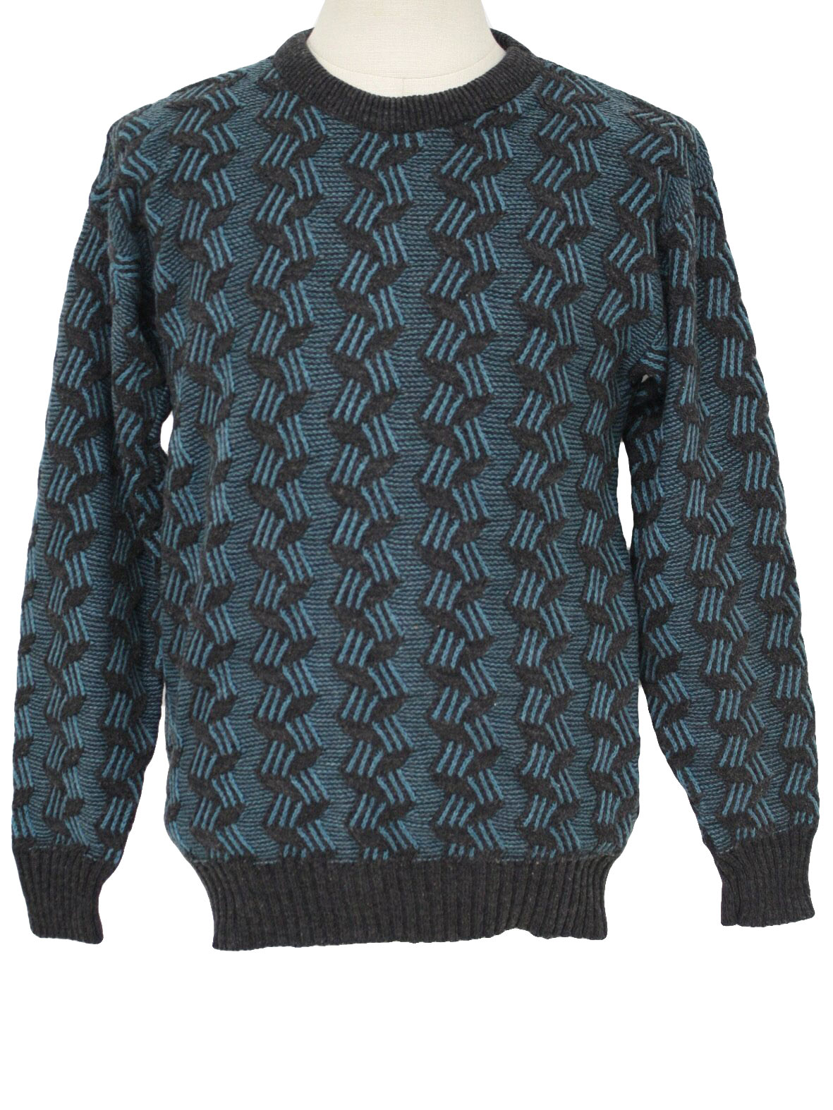 Vintage 1980s Sweater: 80s -No Label- Mens turquoise and grey acrylic ...