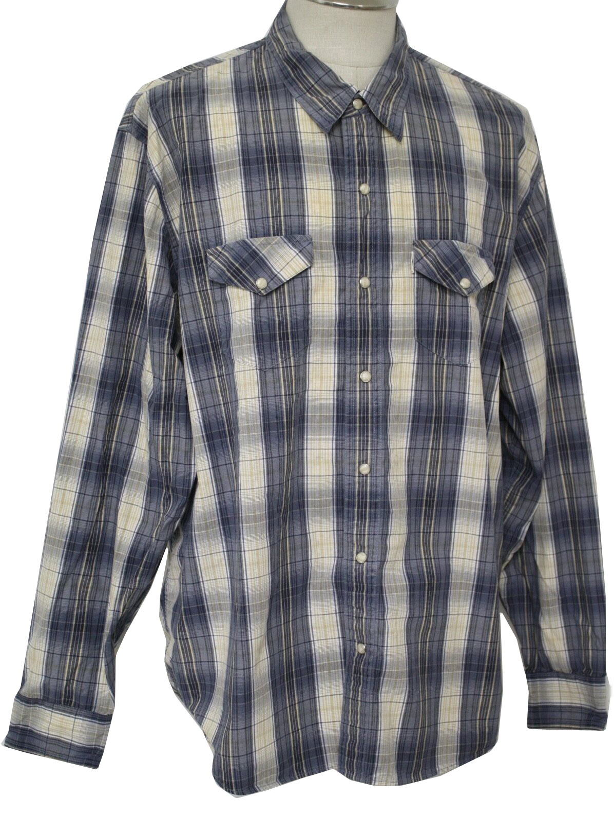 Western Shirt: 90s -BKE 67- Mens blue, white, tan and grey cotton blend ...