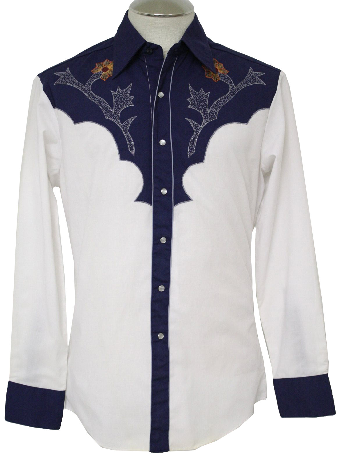 1970's Retro Western Shirt: 70s -Kennington- Mens white, navy, light ...