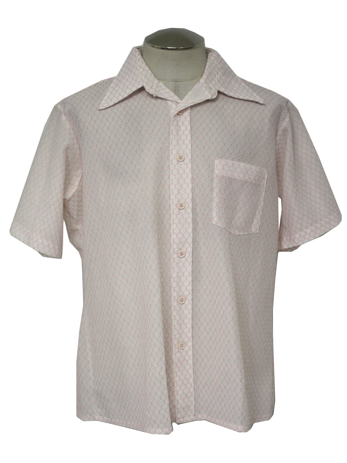 1970s Vintage Shirt: 70s -Arrow- Mens white and pink polyester short ...