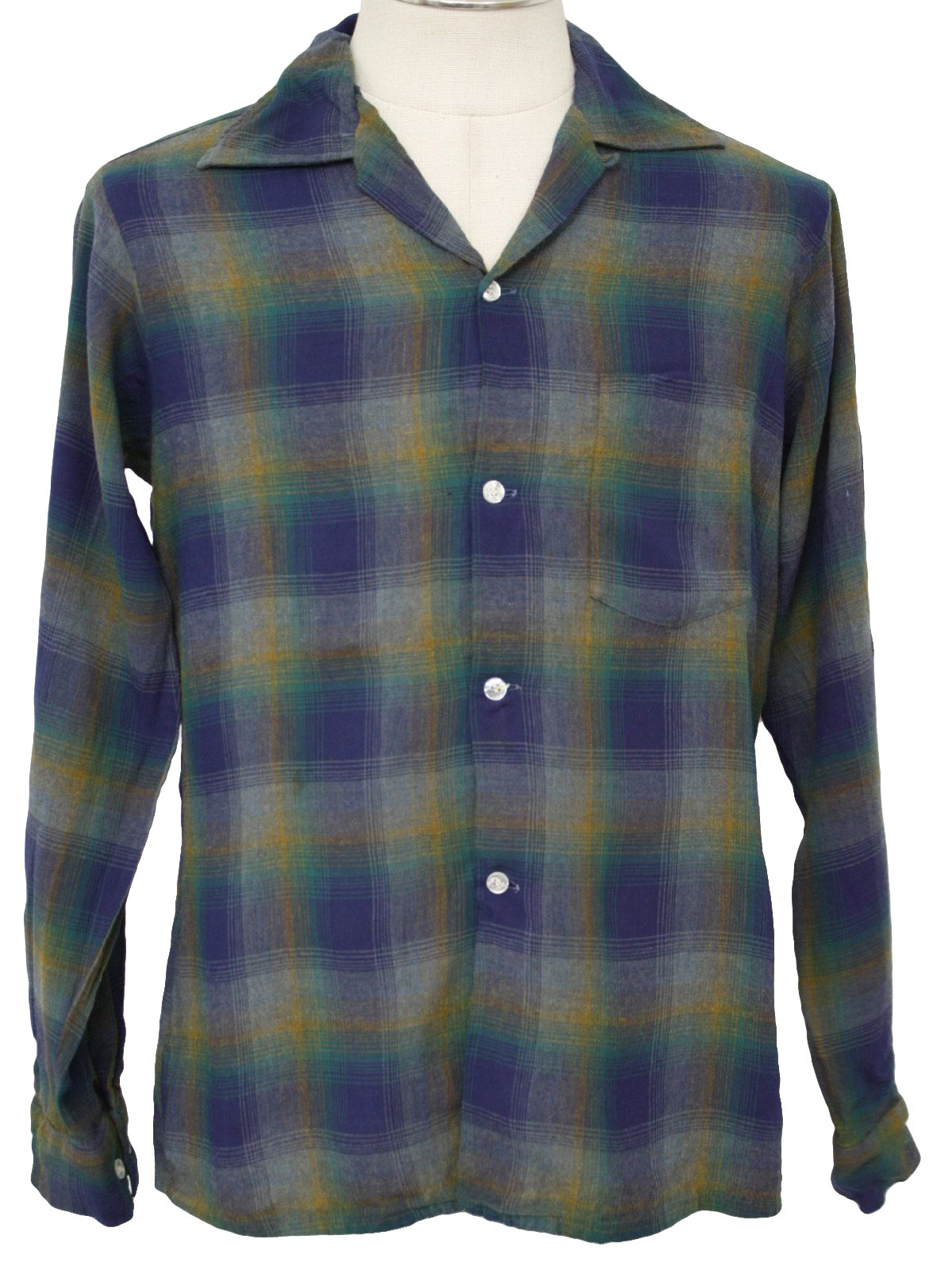 50's 60's Vintage ARROW Chevella Rayon Gabardine Shadow Plaid Button up  Shirt Medium 