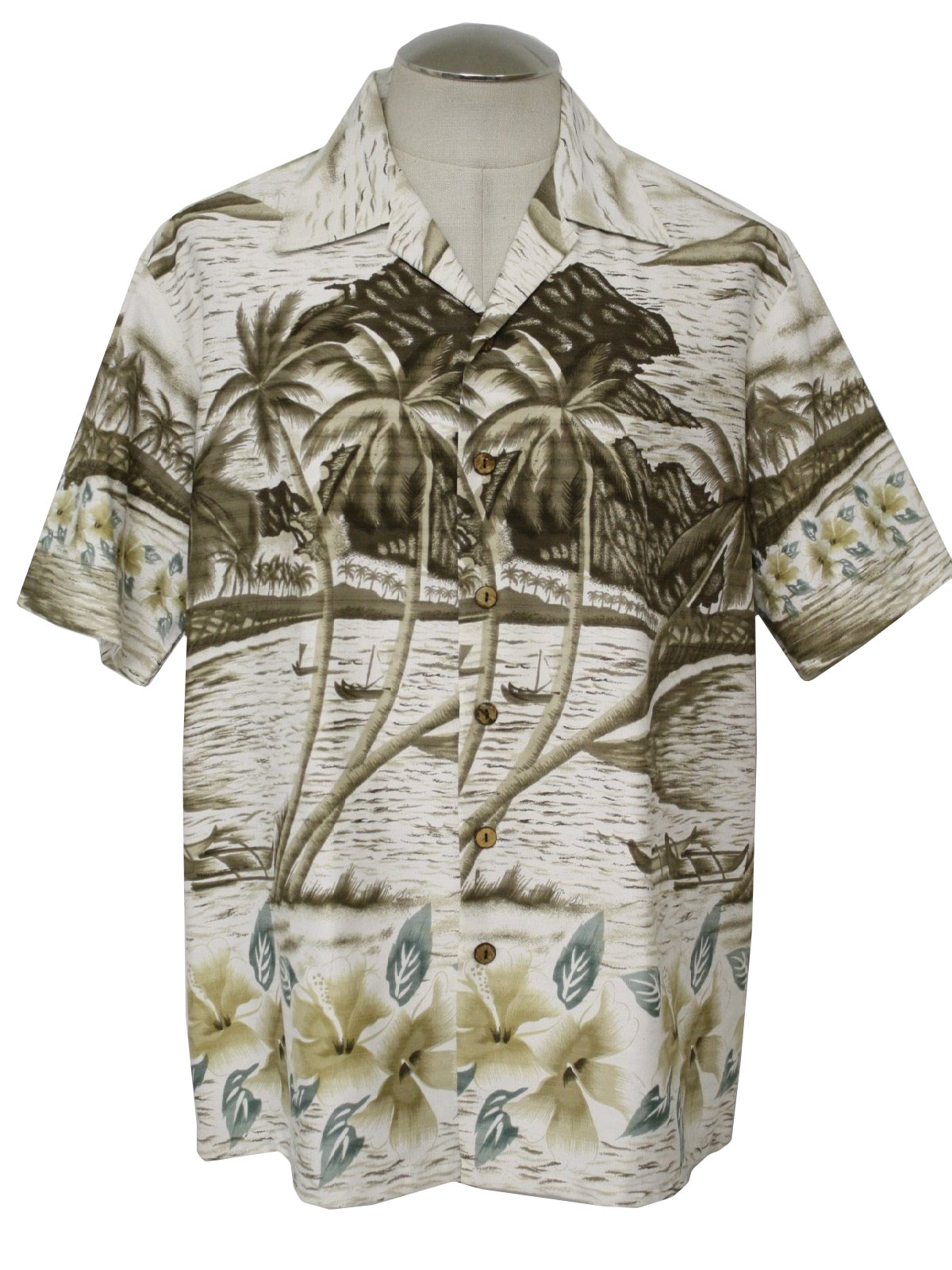 90s Retro Hawaiian Shirt: 90s -Kennington- Mens white, teal, tan and ...