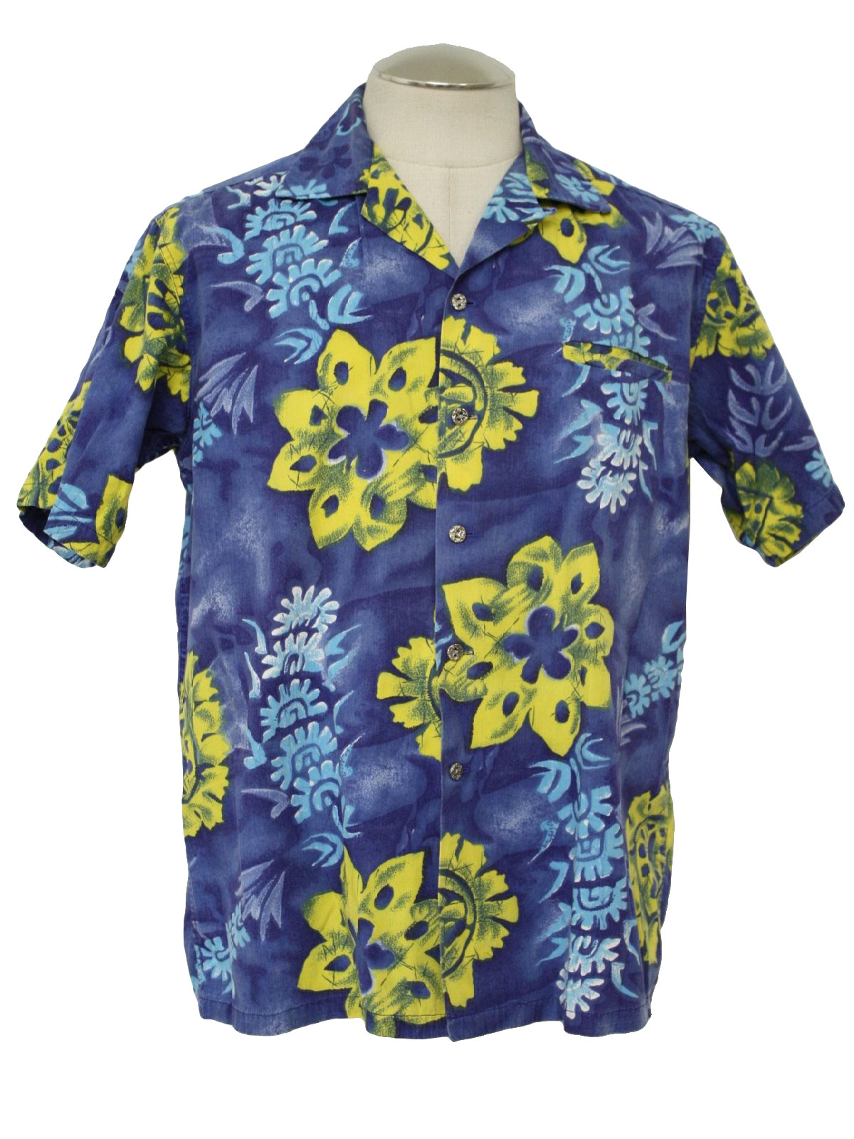 60s Hawaiian Shirt: 60s -No Label- Mens navy blue, blue, pale blue ...