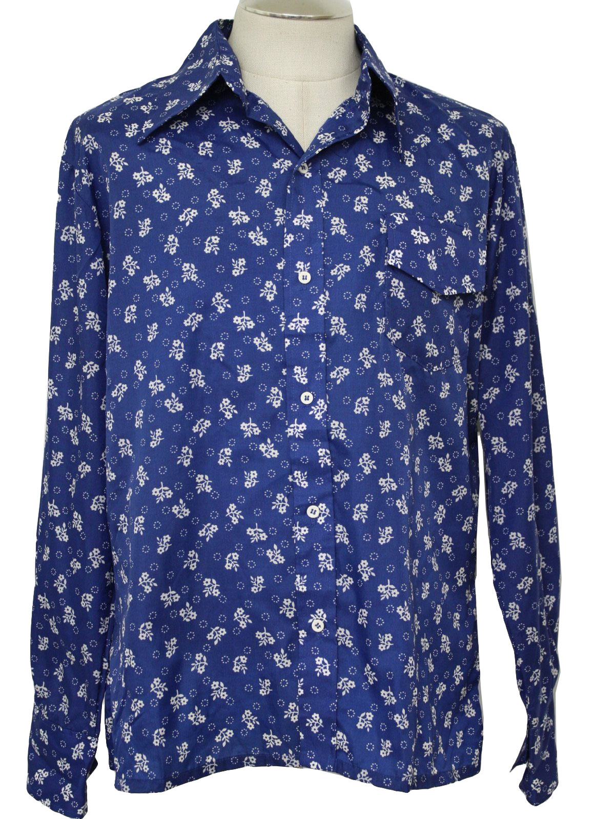 1970's Print Disco Shirt (Skyr): 70s -Skyr- Mens blue with white floral ...