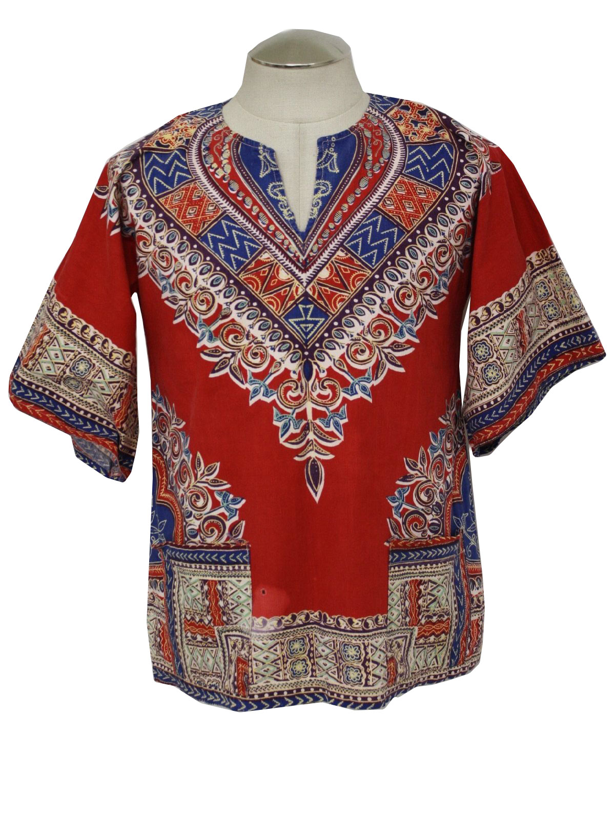 1970s Dashiki Shirt: 70d -no label- Unisex red with blue, green purple ...