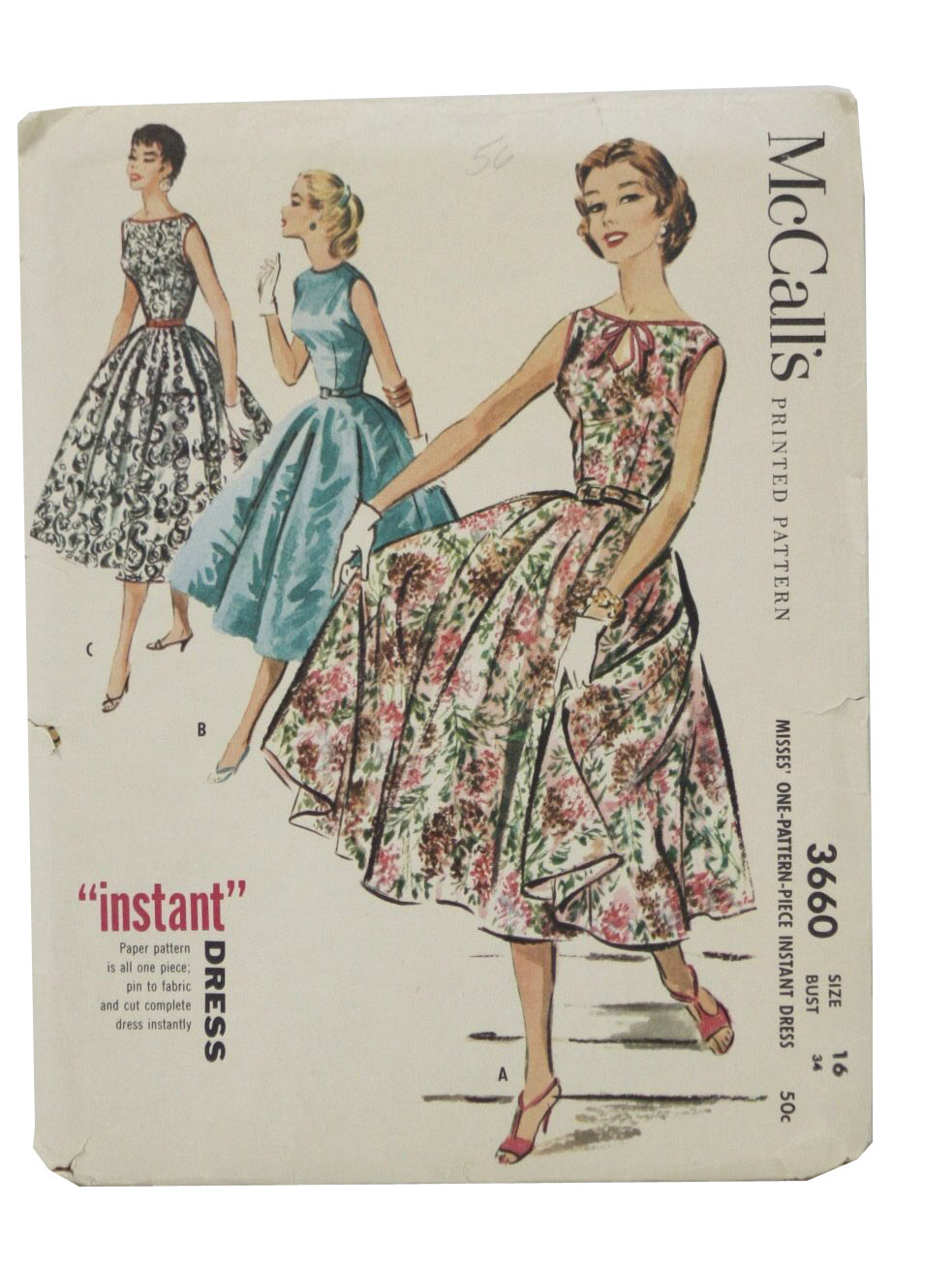 Vintage 1950's Sewing Pattern 50s McCalls pattern no. 3660 Misses