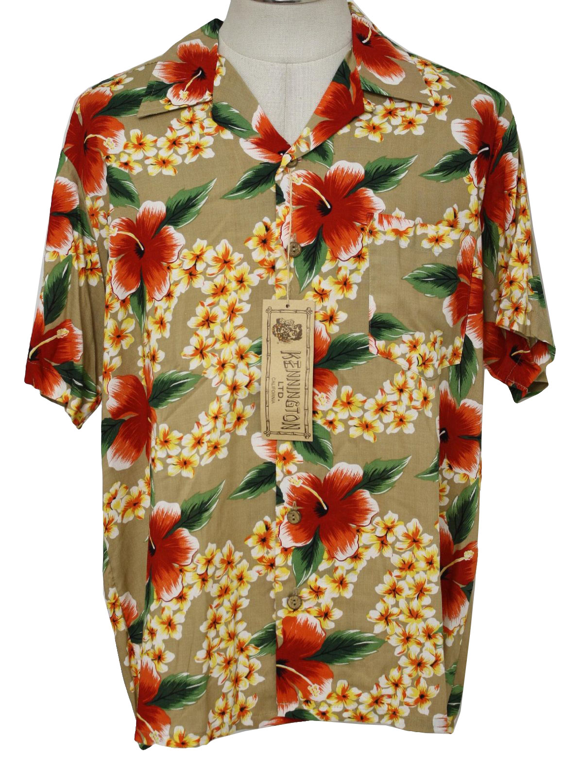 1970's Retro Hawaiian Shirt: 90s -Kennington- Mens tan, red, orange ...