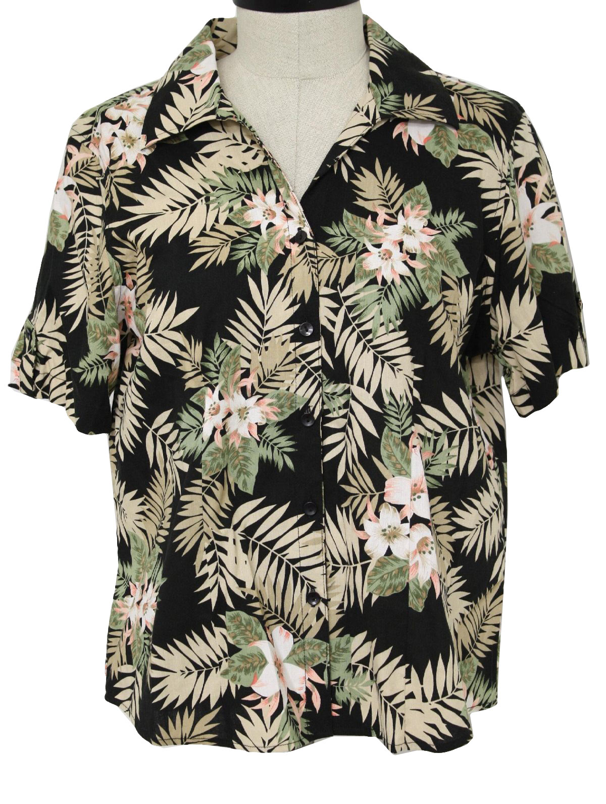 1980s Vintage Hawaiian Shirt: 90s -Erika- Womens black, tan, green ...