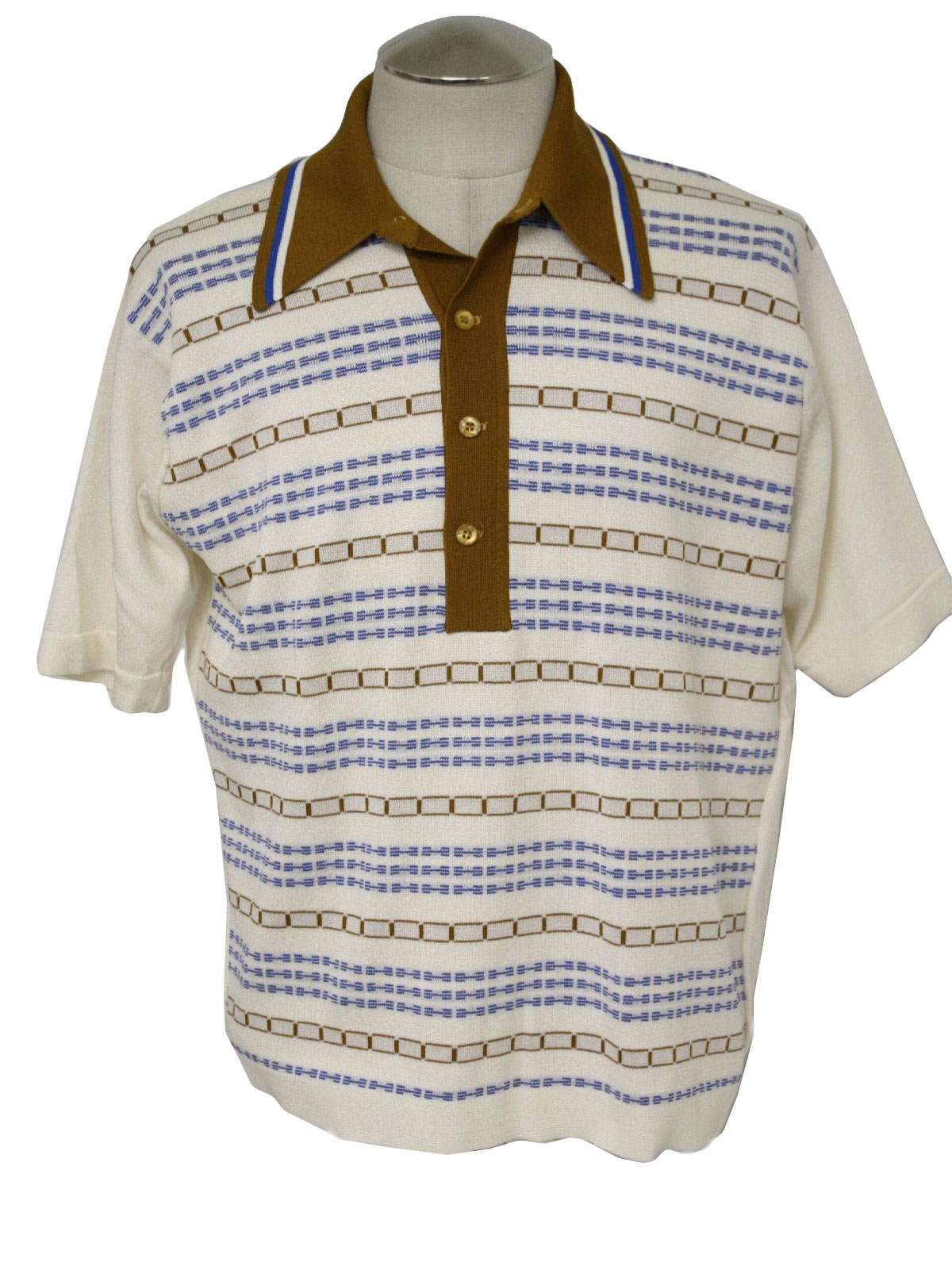 Retro 70's Knit Shirt: 70s -Donegal- Mens off white, gold and light