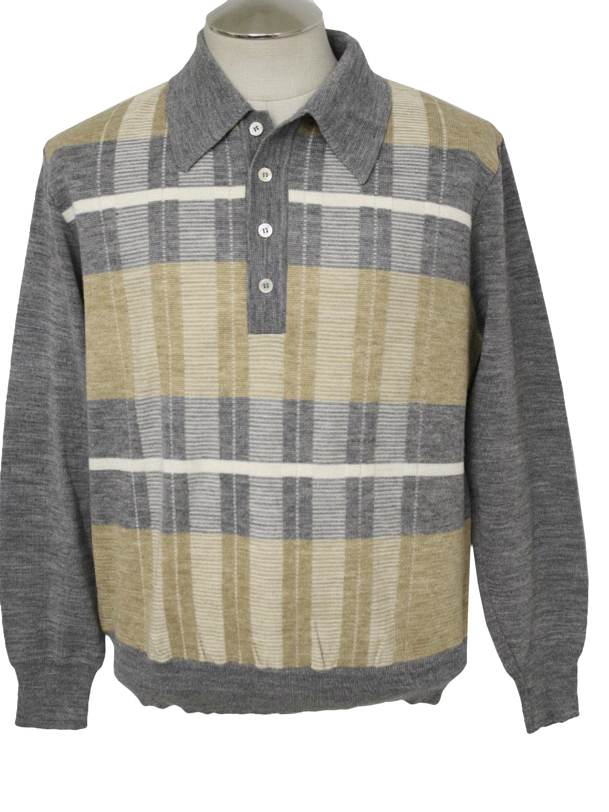 Retro 1970s Sweater: 70s -Damon- Mens grey, cream and off white texture ...