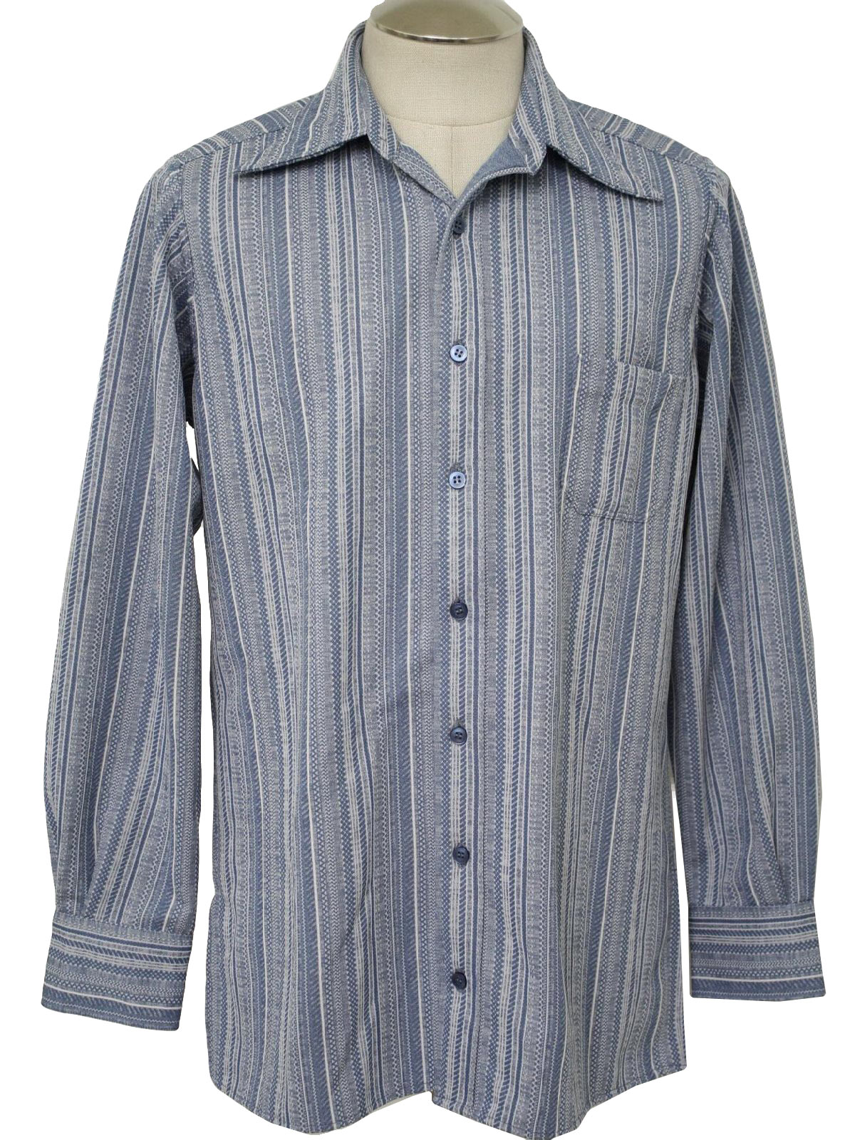 70's Shirt: 70s -No Label- Mens blues and white knit polyester ...