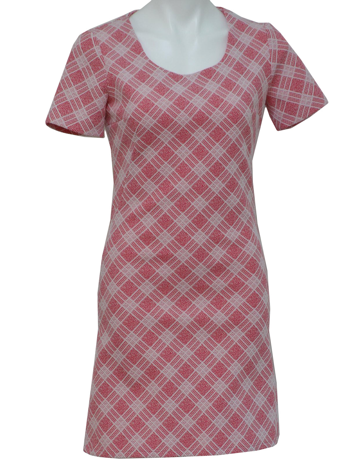 Retro 1970s Mini Dress: 70s -home sewn- Womens raspberry and white