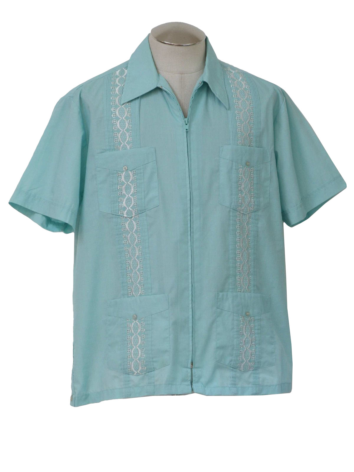 80s Guayabera Shirt (Haband): 80s -Haband- Mens aqua and white cotton ...