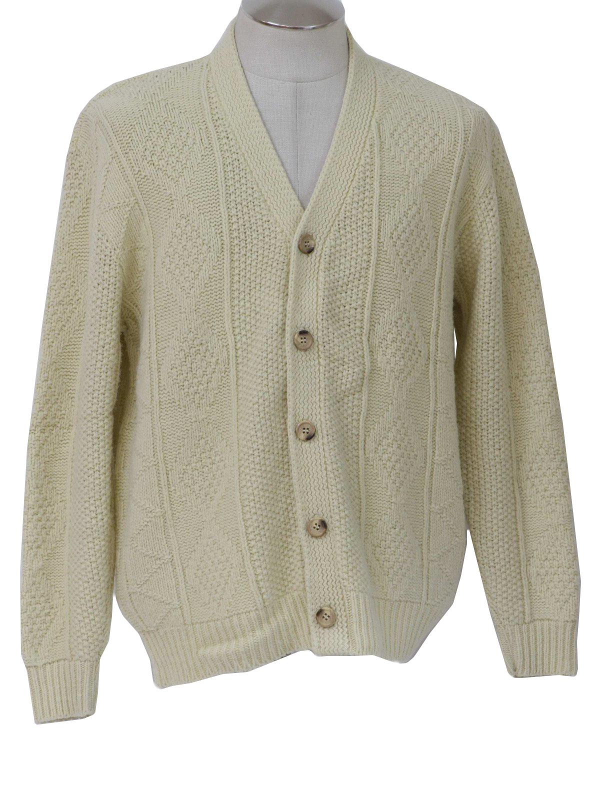 1970's Retro Sweater: 70s -Lahmar- Mens ivory acrylic knit longsleeve ...