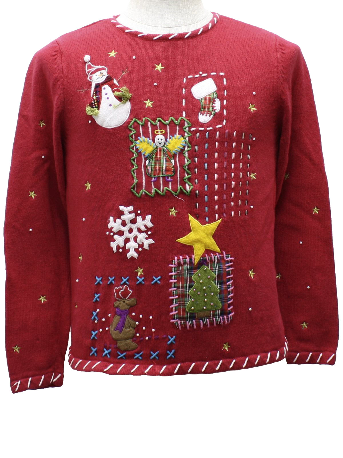 Womens Ugly Christmas Sweater: -Reference Point- Womens red background ramie cotton blend